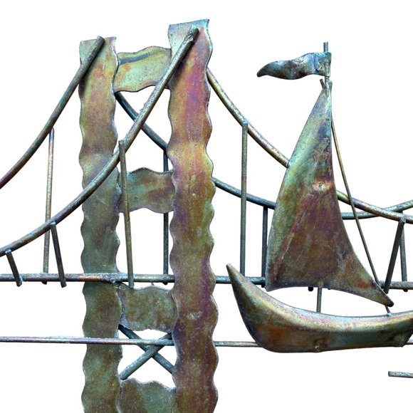 Vintage Mid Century Copper Metal Brutalist Style Wall Hanging Sailboats Bridge - Picture 15 of 16